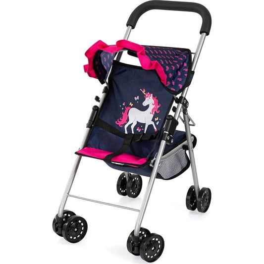 Bayer - Doll Buggy Stroller Dark Blue With Pink Hearts And Unicorn