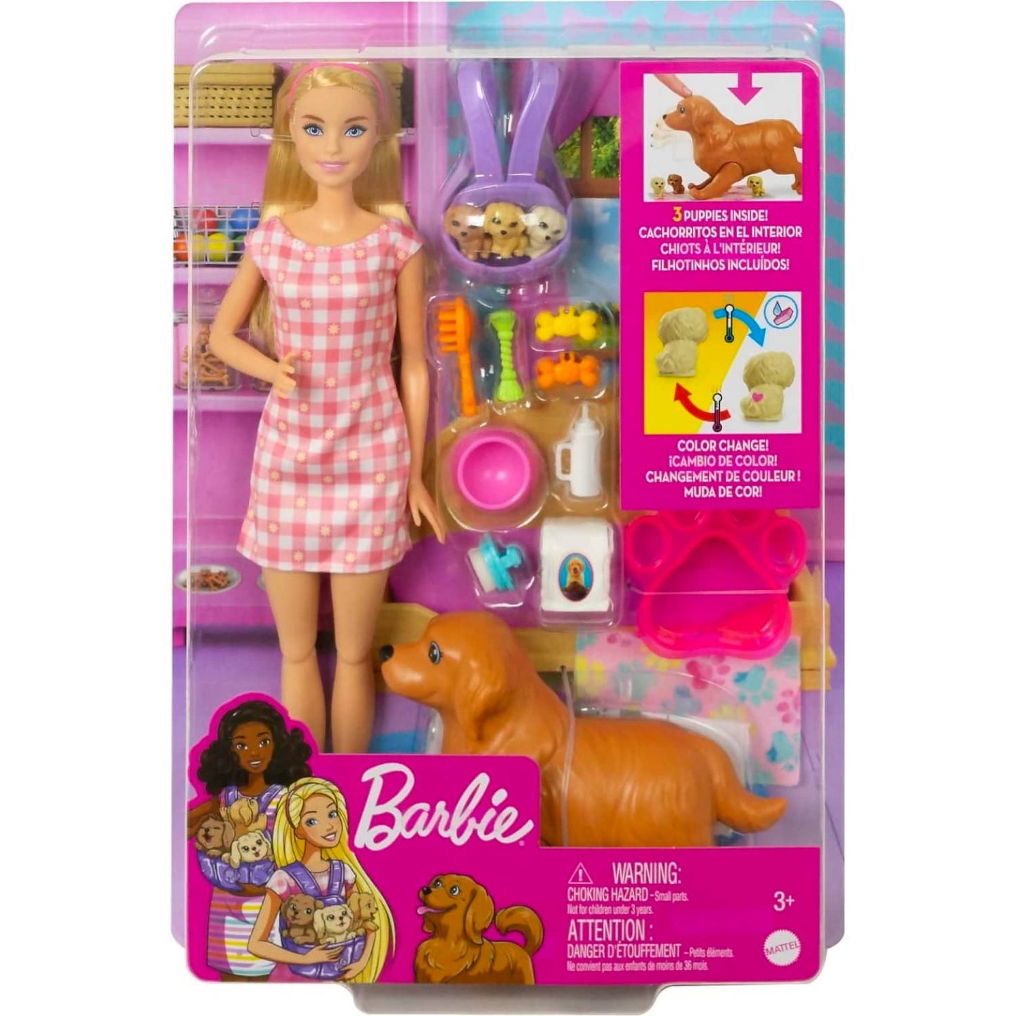 Barbie - Newborn Pups Playset With Blonde Doll Mommy Dog And 3 Puppies
