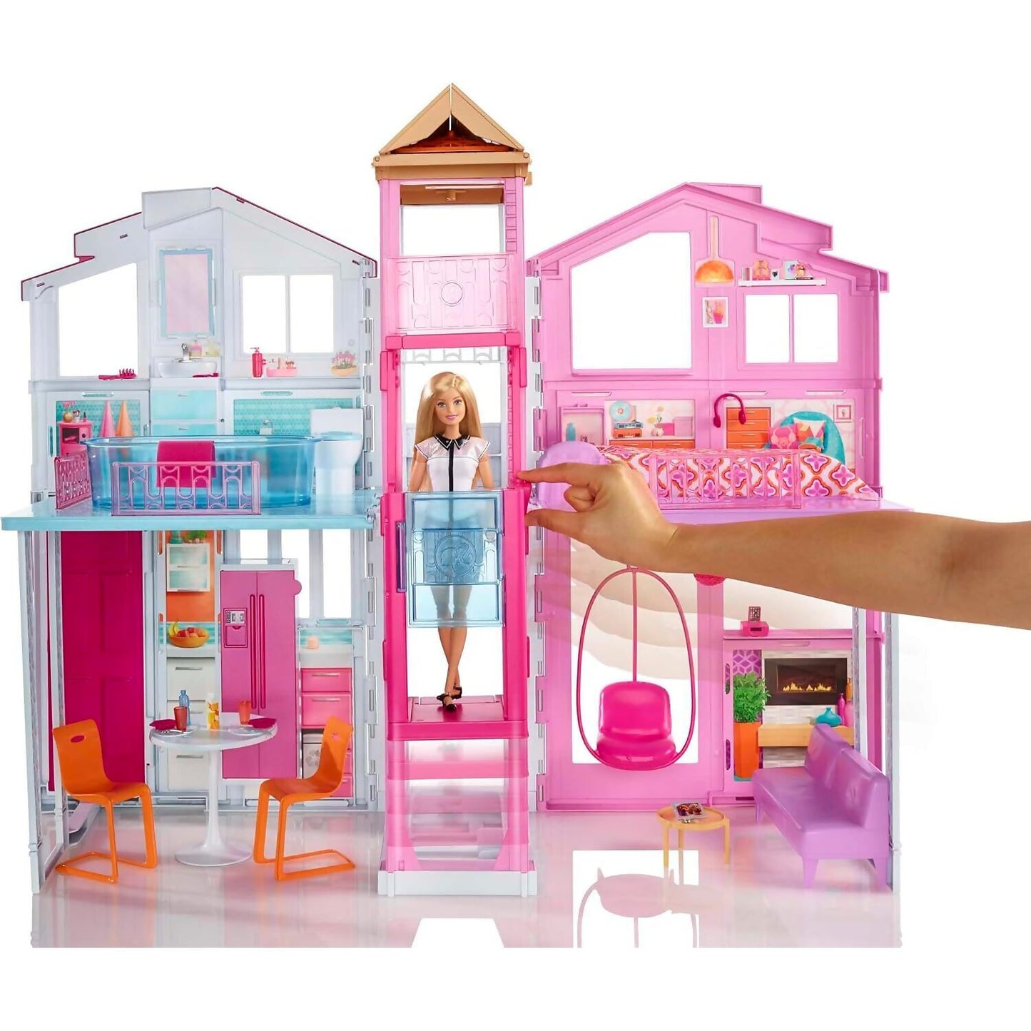 Barbie - 3-story Townhouse Dollhouse With Elevator Swing Chair Furniture And Accessories - Mattel