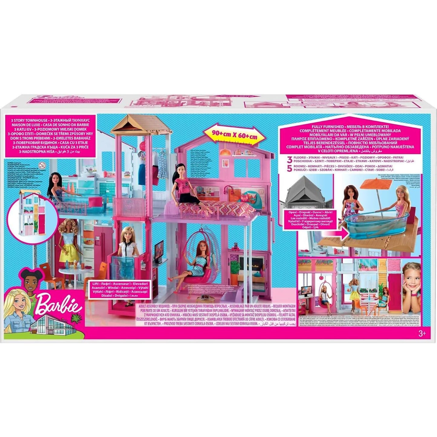 Barbie - 3-story Townhouse Dollhouse With Elevator Swing Chair Furniture And Accessories - Mattel
