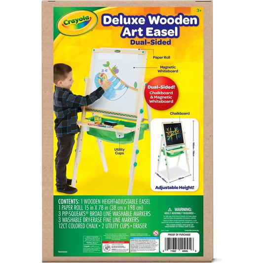 Crayola - Deluxe Wooden Kid’s Art Easel Dual Sided Dry Erase & Chalkboard