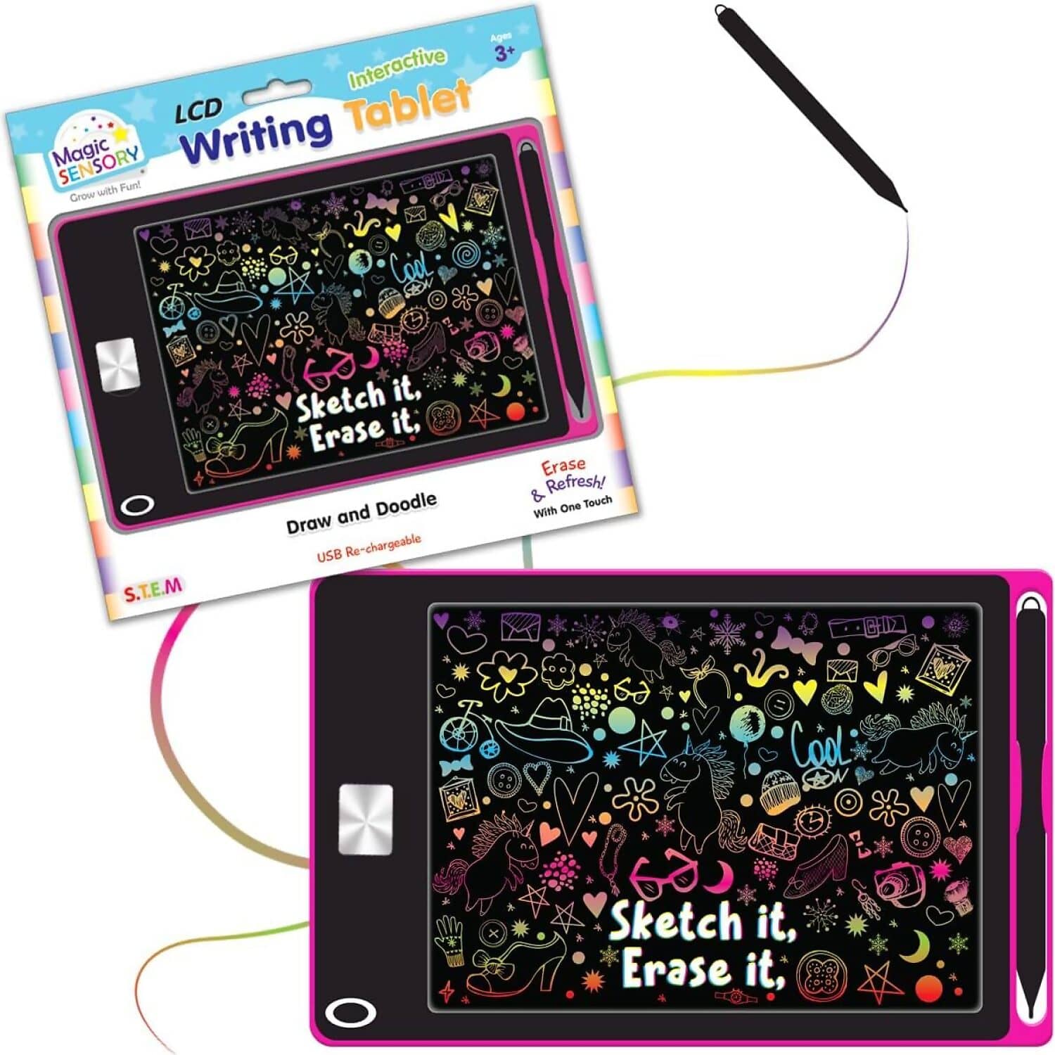 Magic Sensory - Pink LCD Writing Tablet for Kids 8.5inch Drawing Tablet for Writing Drawing Doodling and Learning