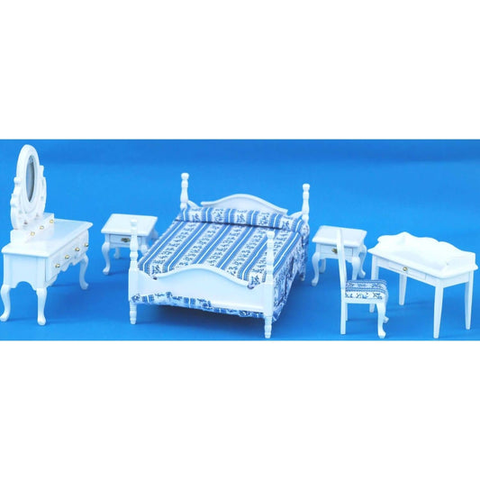Annie's Dolls House - Wooden 6pcs White Bedroom Furniture Set with Desk - Dollhouse Furniture