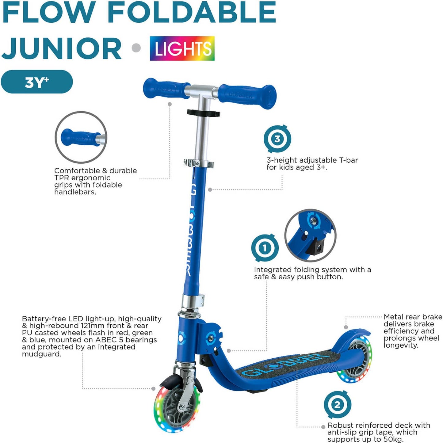 Globber - Flow Foldable Junior Scooter with Lights Navy Blue / Sky Blue