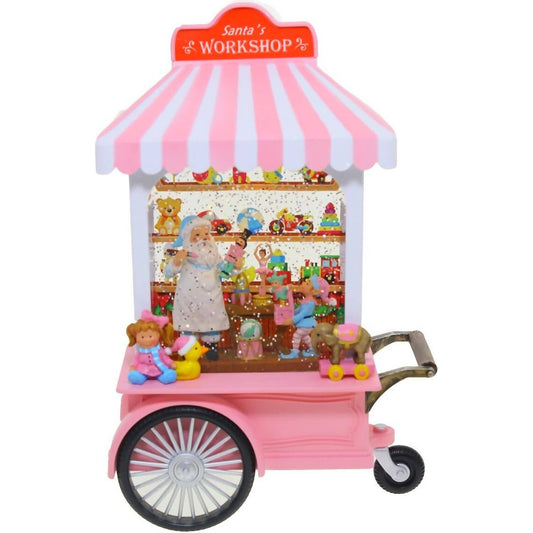 Cotton Candy - Xmas Santa's Workshop Pink Cart LED Lantern with Glitter Motion 27cm x 17cm x 9cm - Christmas