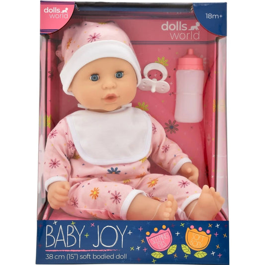 Dolls World - Baby Joy Floral Romper & Accessories - Soft Bodied Doll 38cm