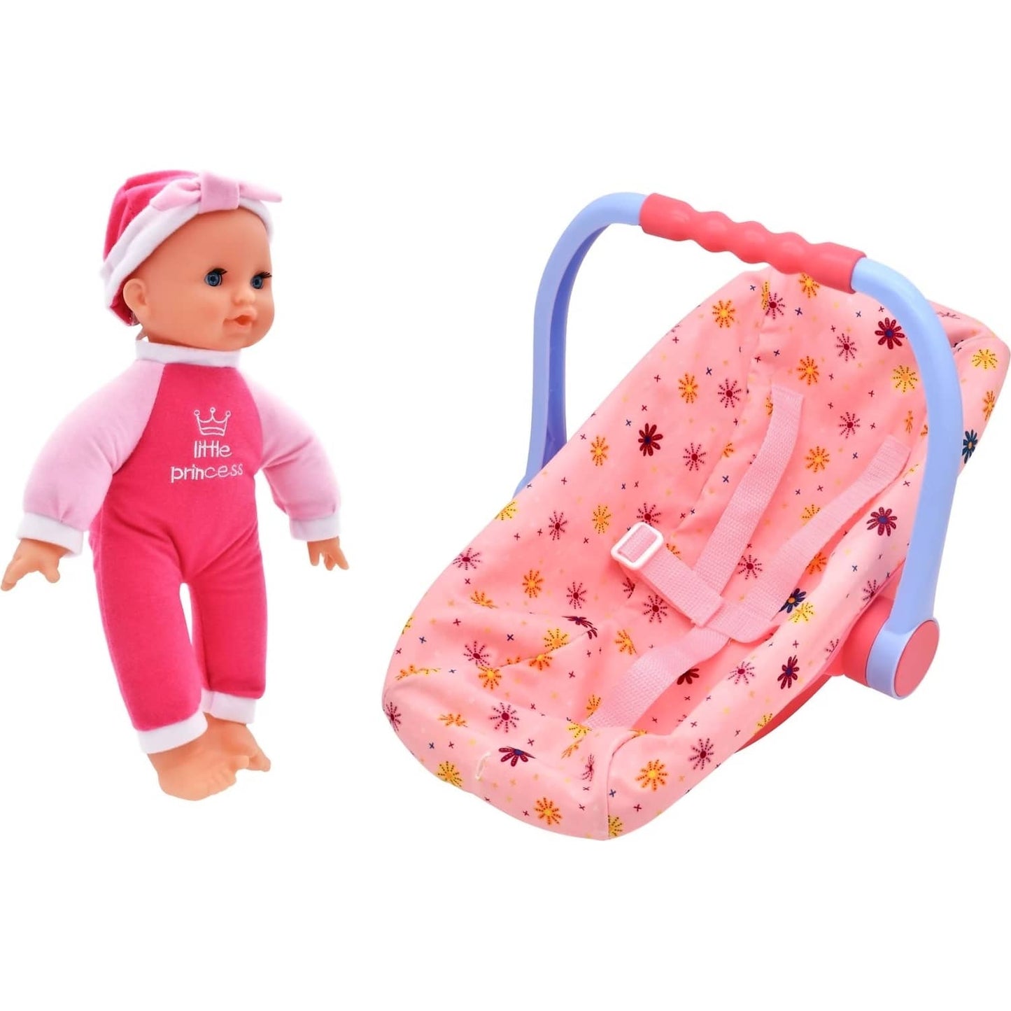 DollsWorld - Isabella Baby Doll & Car Seat - Soft Bodied Doll 30cm