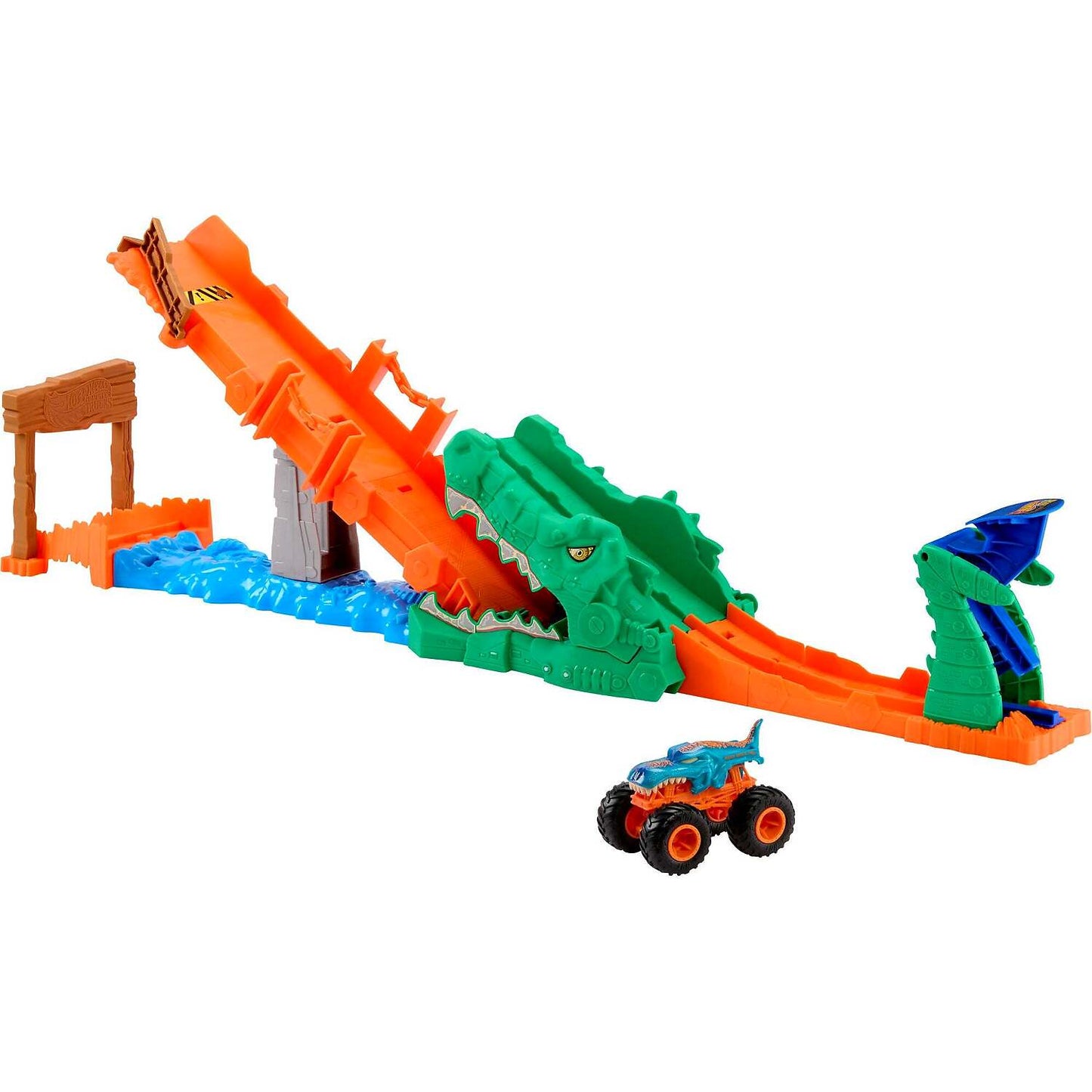 Hot Wheels - Monster Trucks Crocodile Crash Challenge Playset & 1:64 Scale MEGA-Wrex Toy Vehicle - Mattel