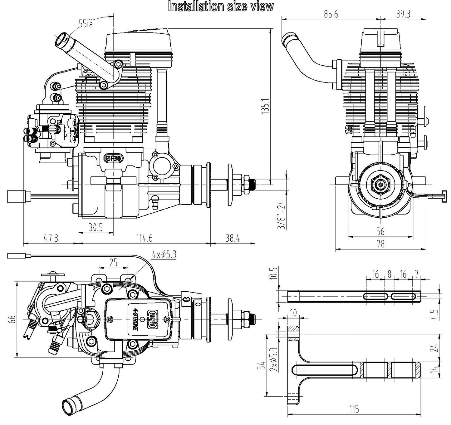 NGH GF38 38CC GAS 4-STROKE ENGINE WITH STRAIGHT OUT PIPE