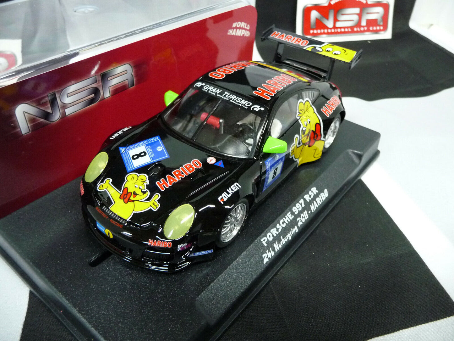 NSR 1:32 0021AW Porsche 997 GT3 Haribo No.8 Black 2011 slot car also suits scalextric/carrera