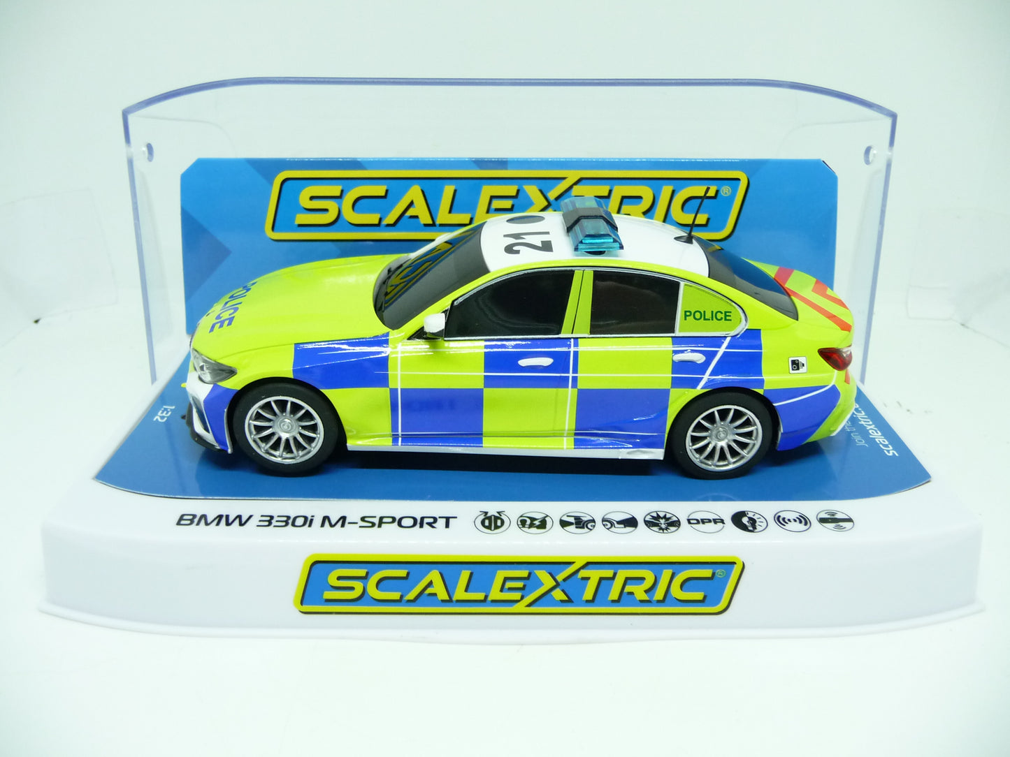 Scalextric C4165 BMW 330i M Sport Police Edition slot car also suits Carrera