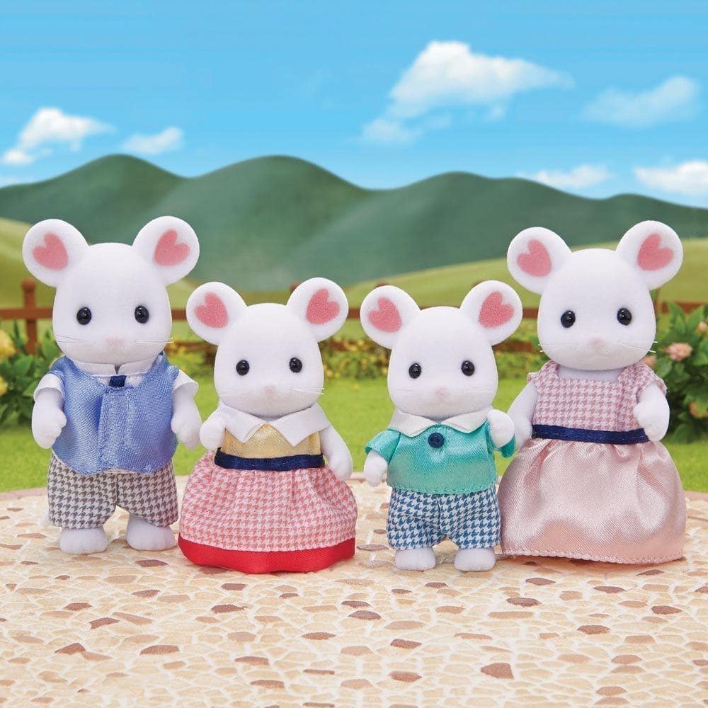 Sylvanian Families - Marshmallow Mouse Family – 4-Piece Posable Animal Figure Set With Soft Velveteen Finish