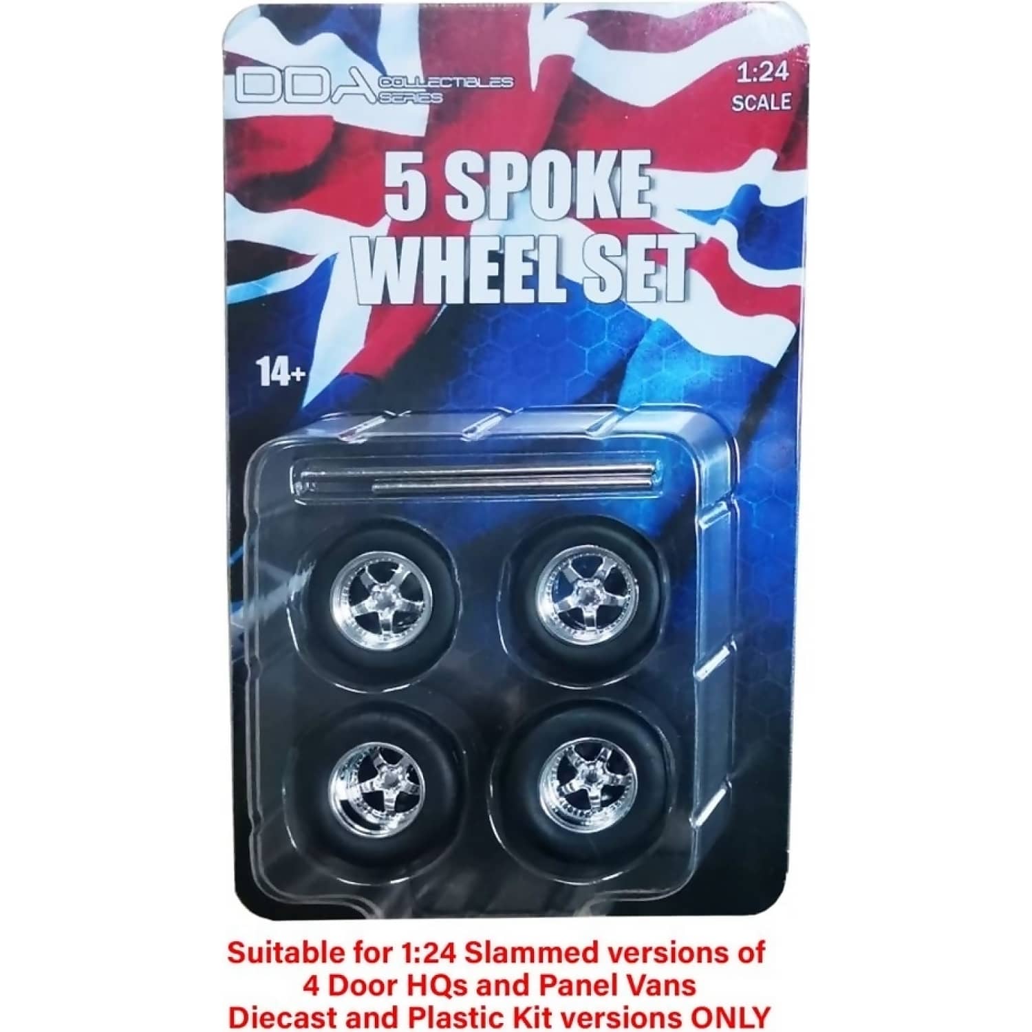 DDA Collectibles - 1:24 Scale - 5 Spoke Chrome Wheels Set with Tyres & Axles - Suits Slammed Models Holden HQ & HJ - Ford XW & XY - Diecast Model Accessory