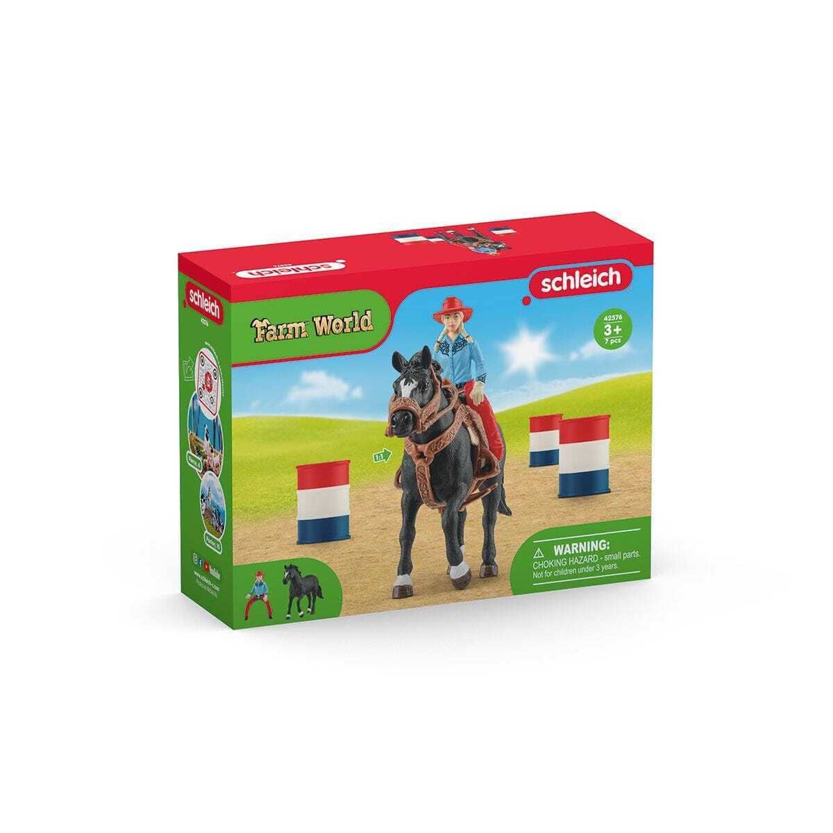 Schleich - Cowgirl Barrel Racing Fun Playset - Farm World Animal Playset