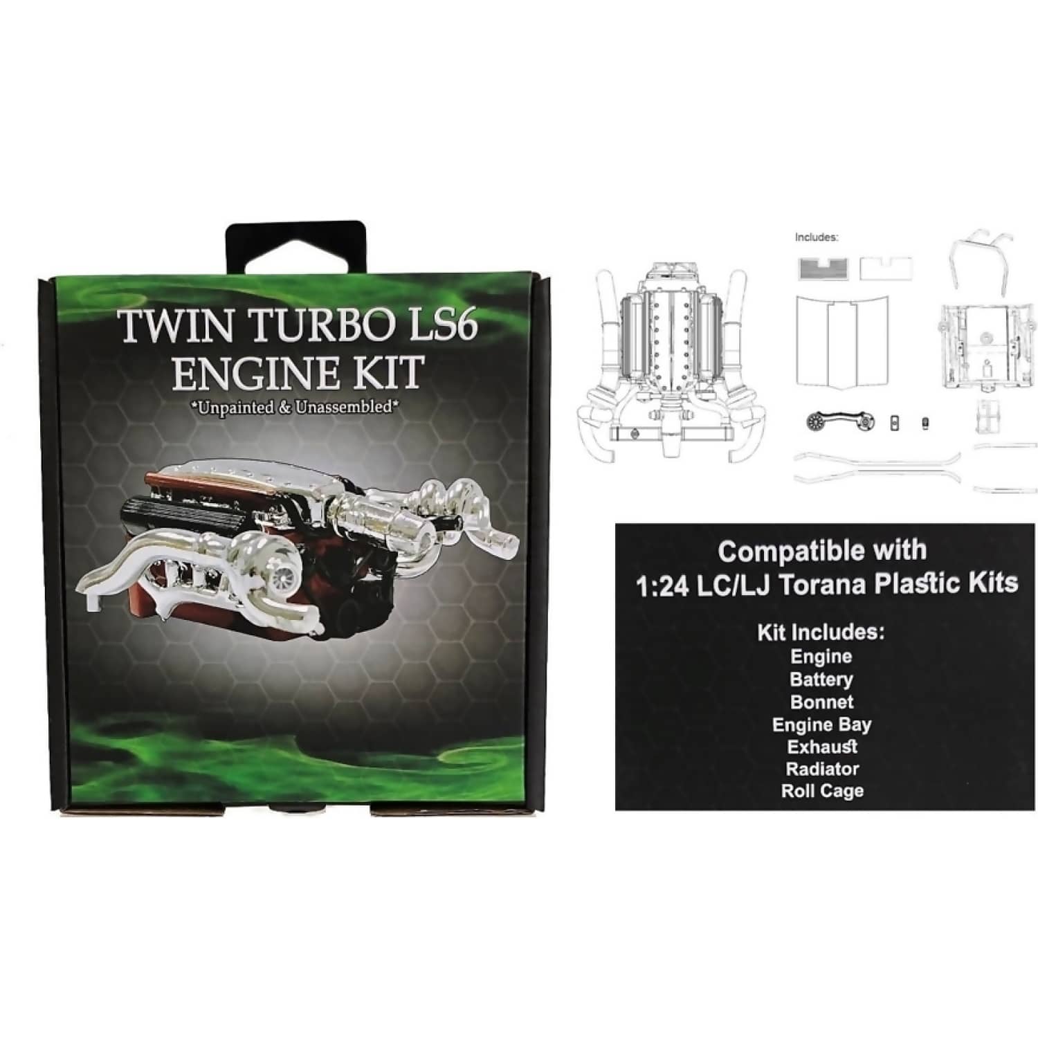 DDA Collectibles - 1:24 Scale - LC & LJ Twin Turbo LS6 Torana Engine Plastic Kit - Diecast Model Accessory