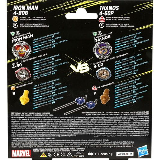 Beyblade -  X - Marvel Collab Iron Man 4-80B Vs. Thanos 4-60B Battle Tops Multipack Set With 2 Tops & 2 Launchers