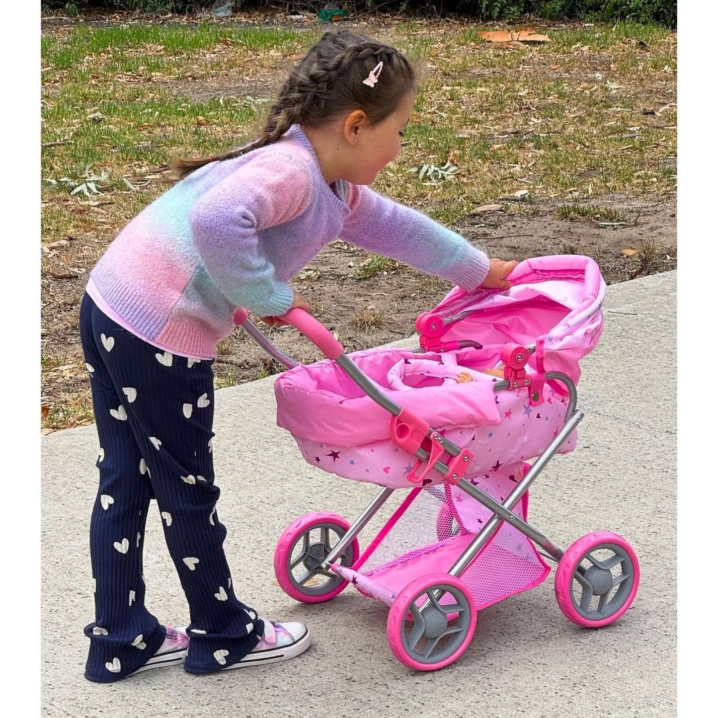 Playworld - Stars & Hearts Doll Pram Medium - Pink