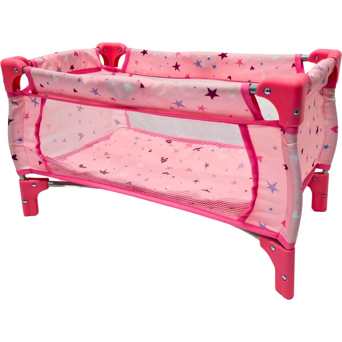 Playworld - Stars & Hearts Doll Travel Cot - Pink