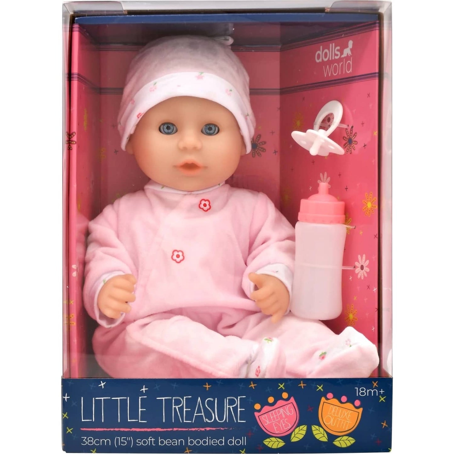 DollsWorld - Little Treasure Baby Doll & Accessories Pink Outfit - Soft Bean Bodied Doll 38cm
