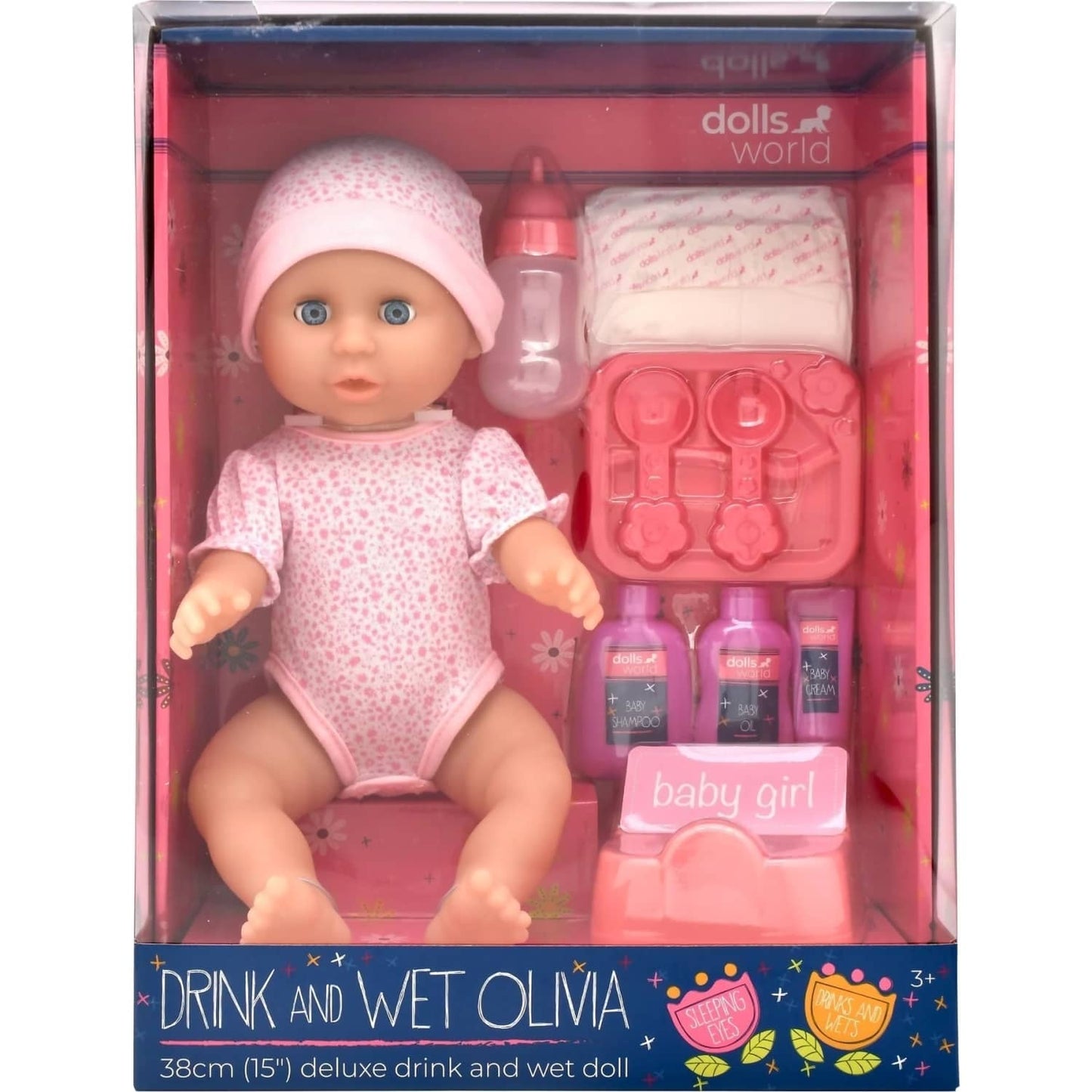 Dolls World - Deluxe Drink and Wet Doll Olivia & Accessories 38cm