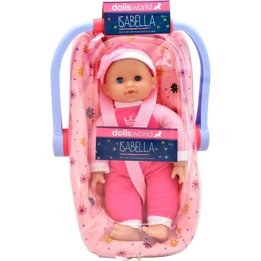 DollsWorld - Isabella Baby Doll & Car Seat - Soft Bodied Doll 30cm