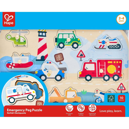 Hape - Wooden Emergency Vehicles Peg Puzzle