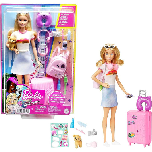 Barbie - Family & Friends Barbie Malibu Doll Travel Set with Puppy & Accessories - Mattel