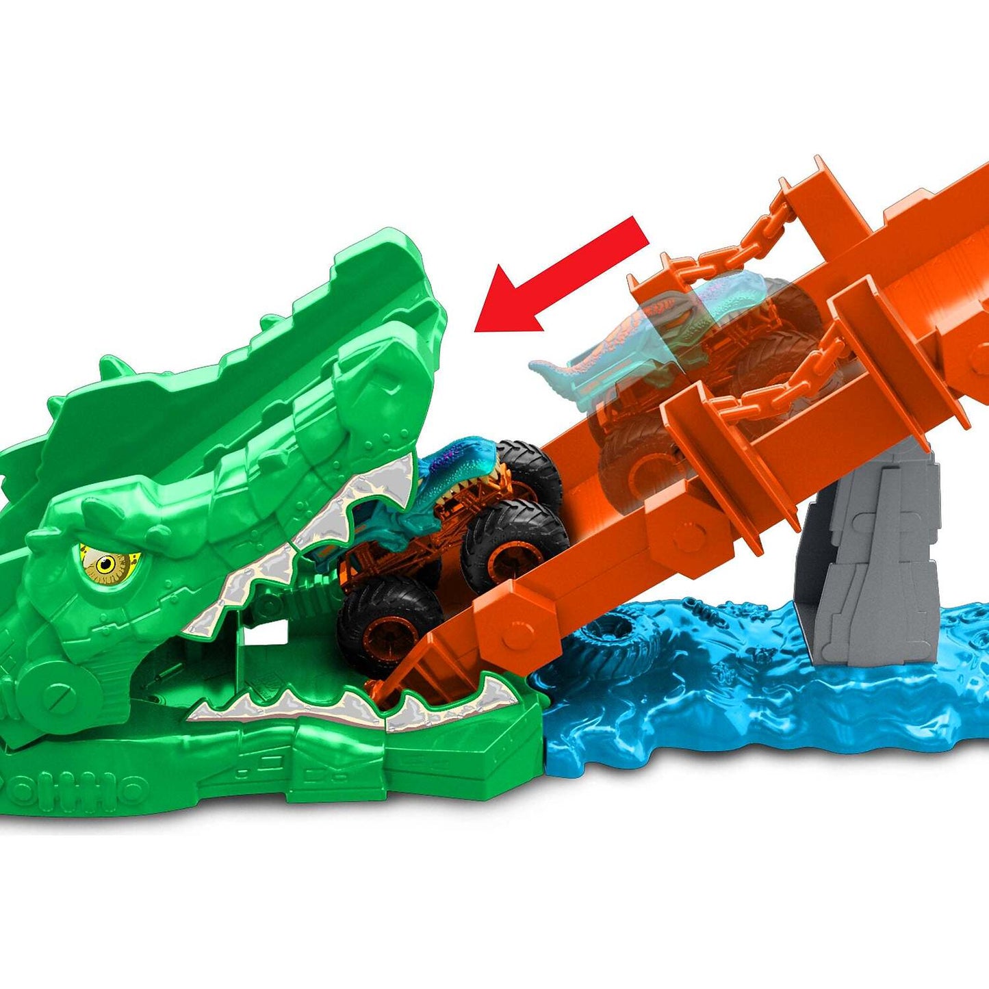 Hot Wheels - Monster Trucks Crocodile Crash Challenge Playset & 1:64 Scale MEGA-Wrex Toy Vehicle - Mattel