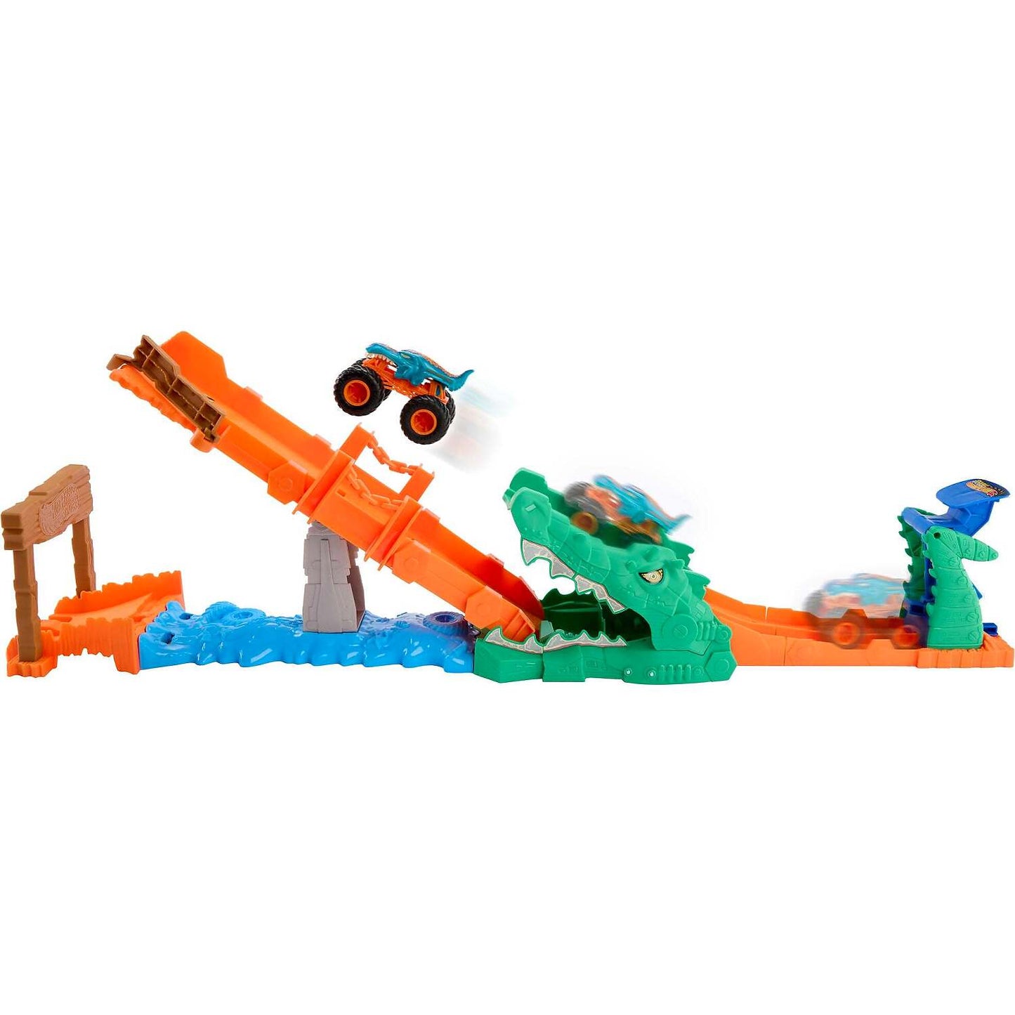 Hot Wheels - Monster Trucks Crocodile Crash Challenge Playset & 1:64 Scale MEGA-Wrex Toy Vehicle - Mattel