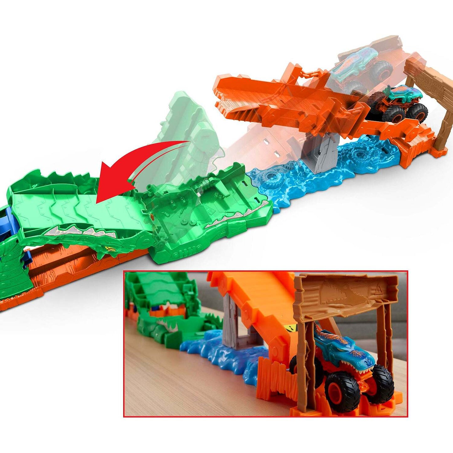 Hot Wheels - Monster Trucks Crocodile Crash Challenge Playset & 1:64 Scale MEGA-Wrex Toy Vehicle - Mattel