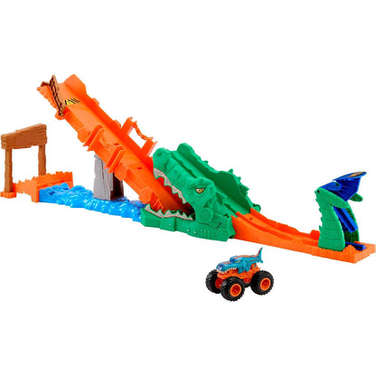 Hot Wheels - Monster Trucks Crocodile Crash Challenge Playset & 1:64 Scale MEGA-Wrex Toy Vehicle - Mattel