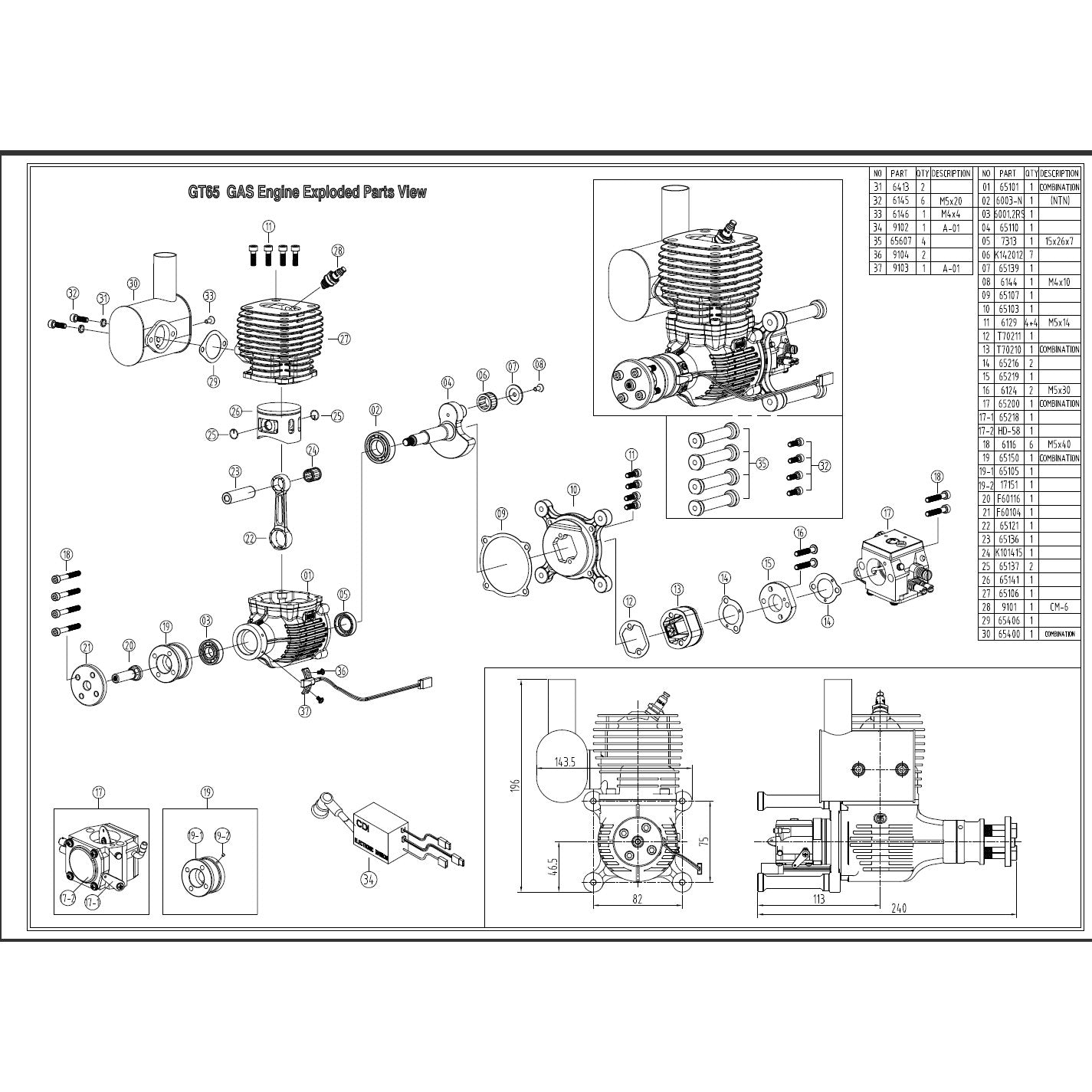 NGH - GT65 R - 65cc Rear Intake Side Exhaust Gas Two-Stroke Engine