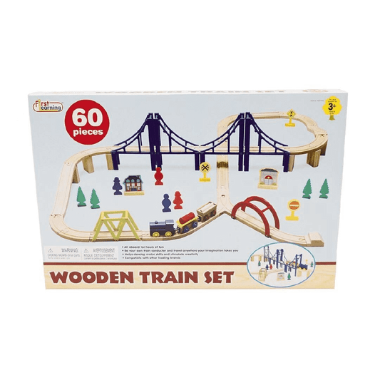 Wooden Train Set With Bridge 60 Pieces