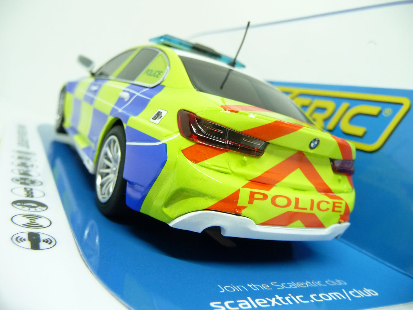 Scalextric C4165 BMW 330i M Sport Police Edition slot car also suits Carrera