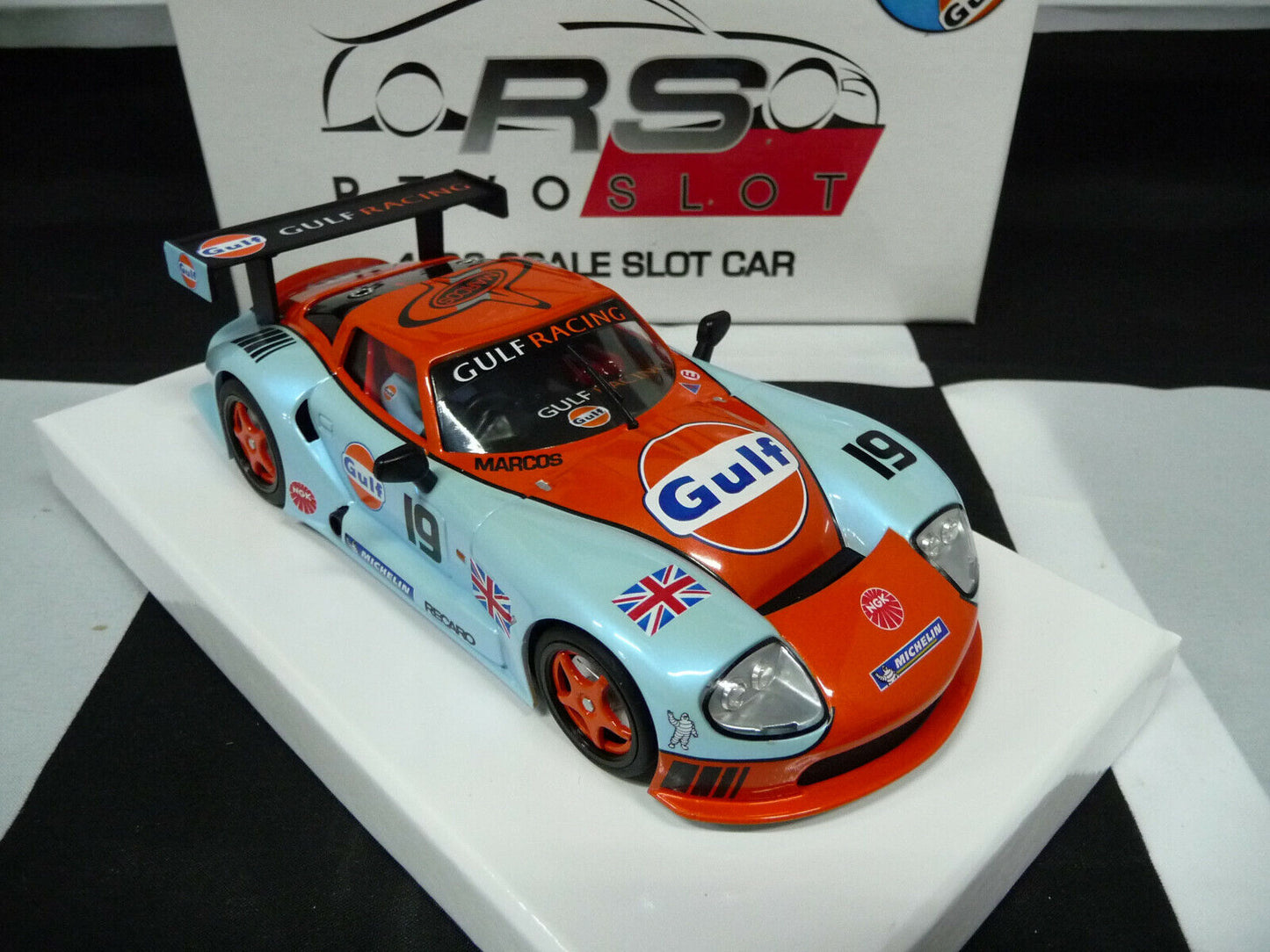 Revoslot 1:32 RS0070 Marcos Gulf Racing No19 slot car also suits  Scalextric/Carrera